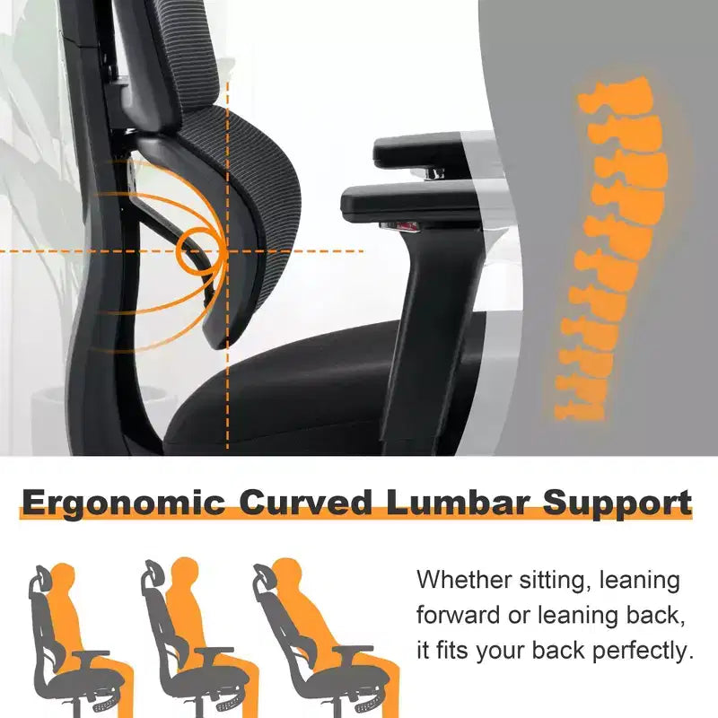 Black Mesh Chair w/ Footrest, 4D Arms, 2D Headrest & Dynamic Lumbar C Silent Wheels, Home/Office Ready