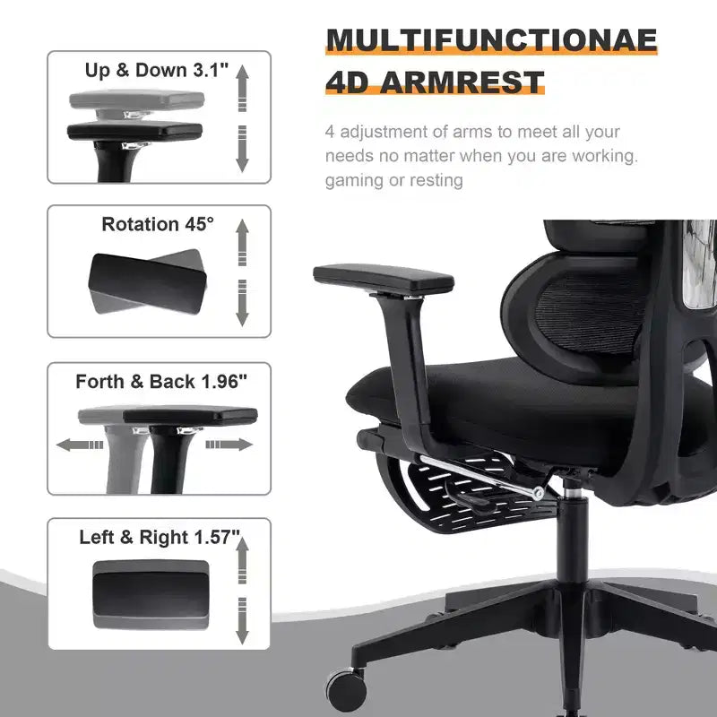 Black Mesh Chair w/ Footrest, 4D Arms, 2D Headrest & Dynamic Lumbar C Silent Wheels, Home/Office Ready