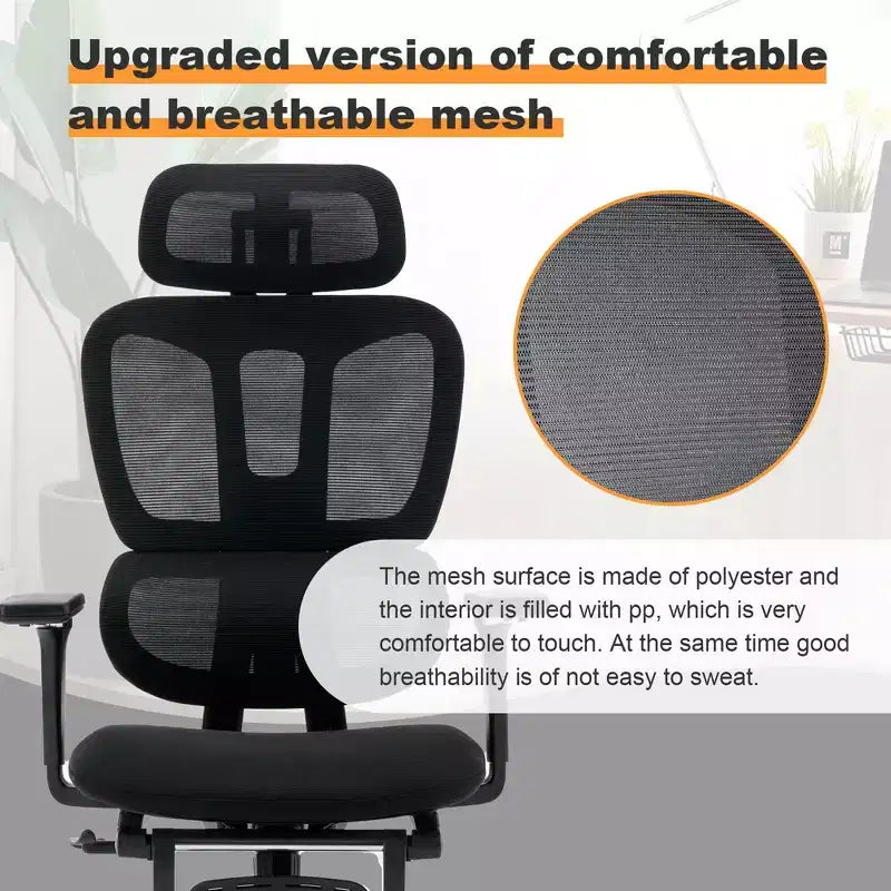 Black Mesh Chair w/ Footrest, 4D Arms, 2D Headrest & Dynamic Lumbar C Silent Wheels, Home/Office Ready