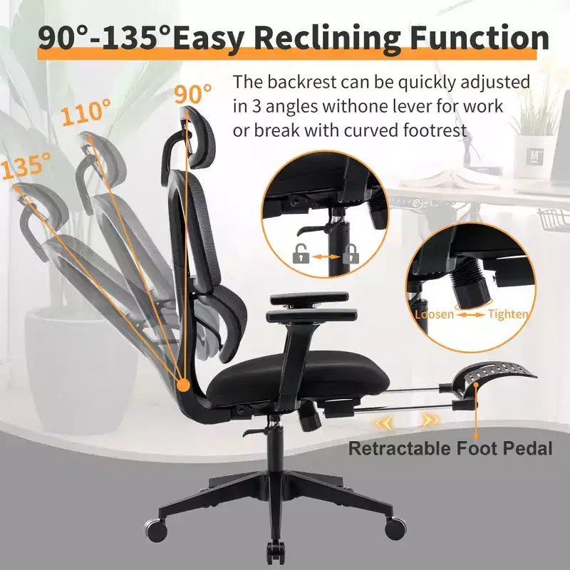 Black Mesh Chair w/ Footrest, 4D Arms, 2D Headrest & Dynamic Lumbar C Silent Wheels, Home/Office Ready