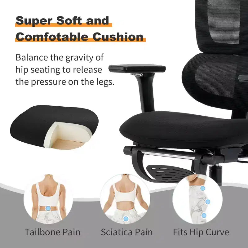 Black Mesh Chair w/ Footrest, 4D Arms, 2D Headrest & Dynamic Lumbar C Silent Wheels, Home/Office Ready