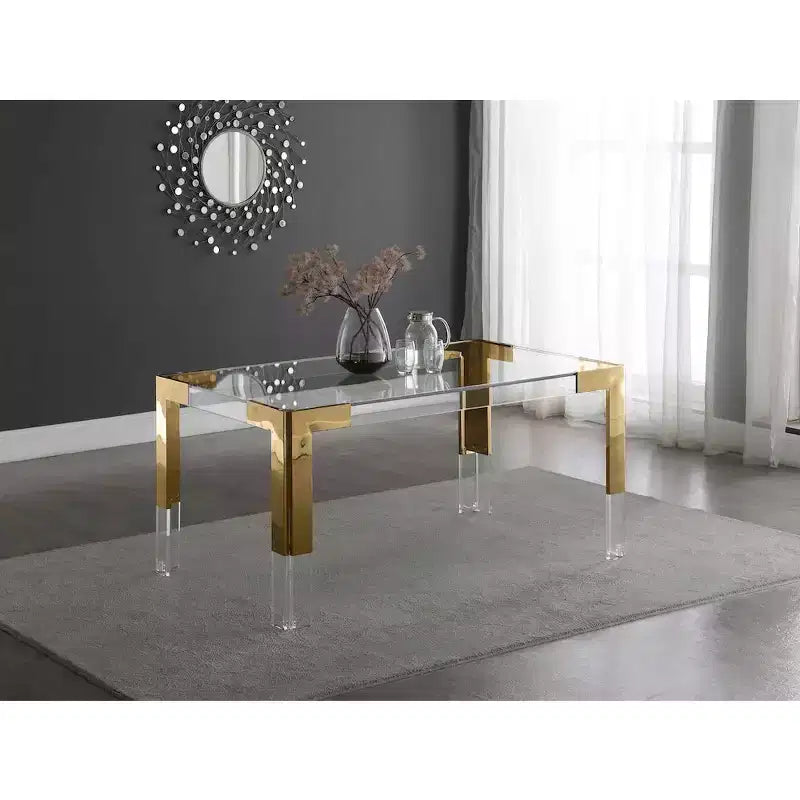 Glass Top Dining Table - Gold Stainless Steel Frame, 60" Rectangle