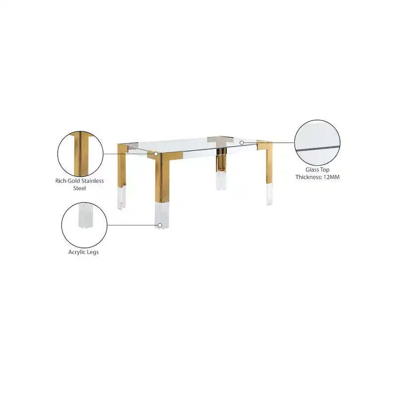 Glass Top Dining Table - Gold Stainless Steel Frame, 60" Rectangle