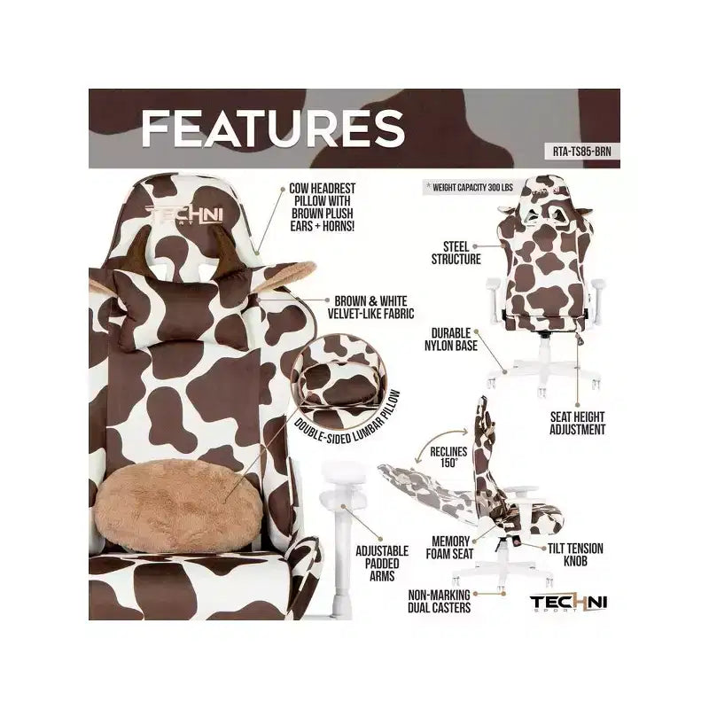 Brown Cow Print Gaming Chair with Memory Foam Seat & Adjustable Armrests