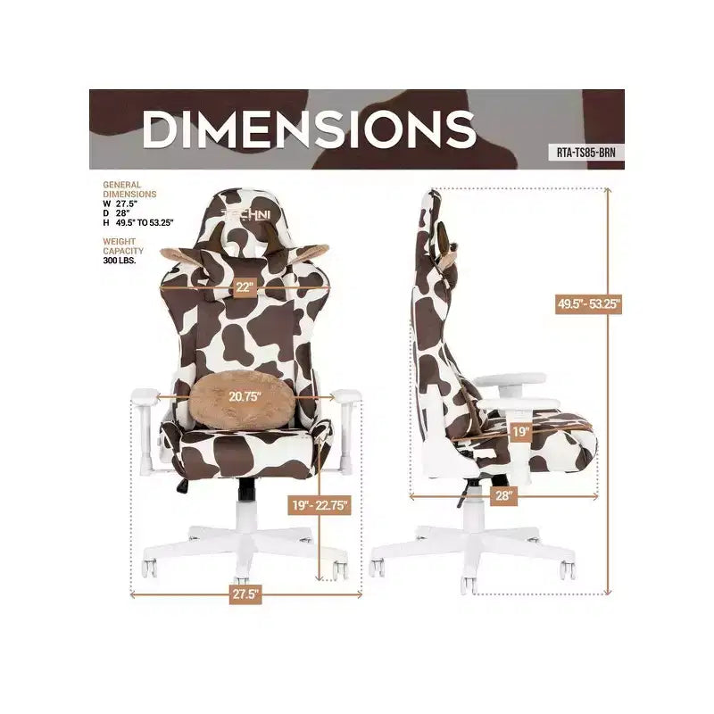 Brown Cow Print Gaming Chair with Memory Foam Seat & Adjustable Armrests