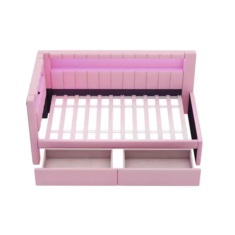 Upholstered Twin Size Daybed with 2 Drawers, Day Bed Frame with Storage L-Shaped Headboard USB Ports and LED