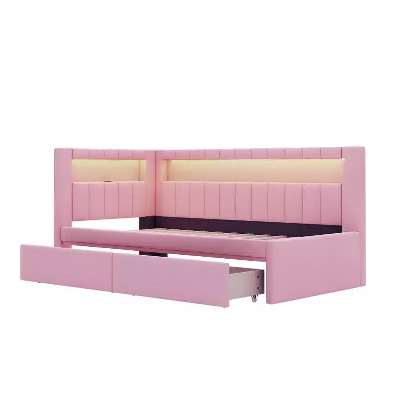 Upholstered Twin Size Daybed with 2 Drawers, Day Bed Frame with Storage L-Shaped Headboard USB Ports and LED