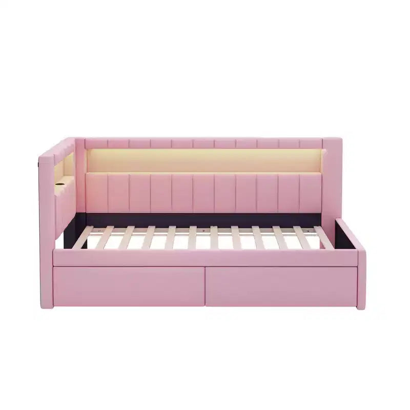Upholstered Twin Size Daybed with 2 Drawers, Day Bed Frame with Storage L-Shaped Headboard USB Ports and LED