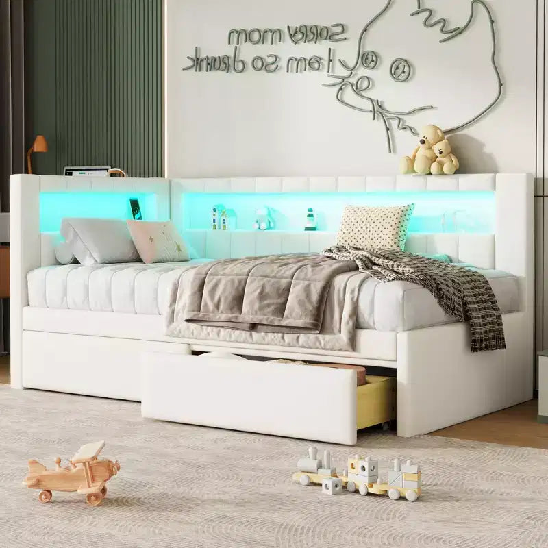 Upholstered Twin Size Daybed with 2 Drawers, Day Bed Frame with Storage L-Shaped Headboard USB Ports and LED