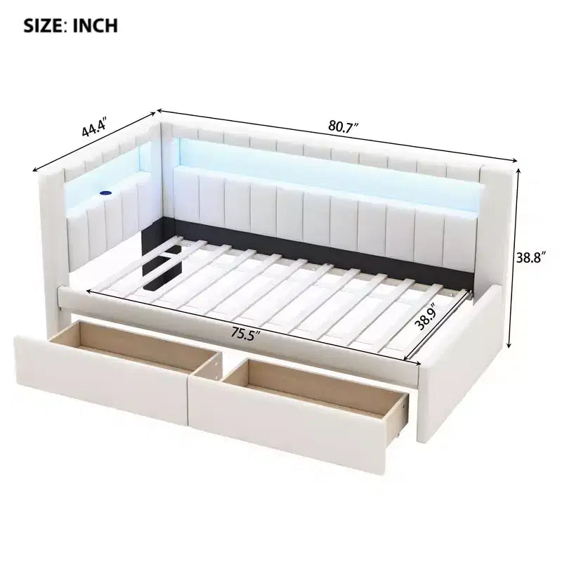 Upholstered Twin Size Daybed with 2 Drawers, Day Bed Frame with Storage L-Shaped Headboard USB Ports and LED