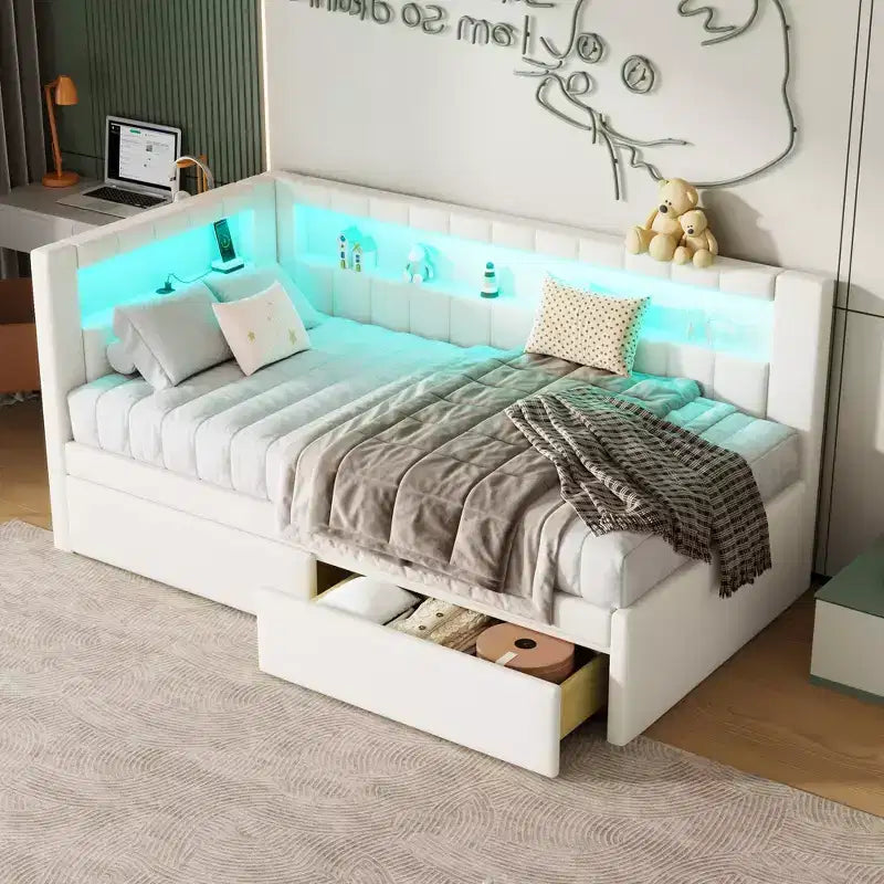 Upholstered Twin Size Daybed with 2 Drawers, Day Bed Frame with Storage L-Shaped Headboard USB Ports and LED
