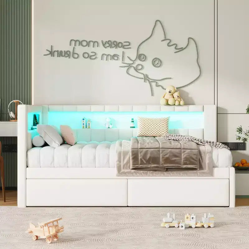 Upholstered Twin Size Daybed with 2 Drawers, Day Bed Frame with Storage L-Shaped Headboard USB Ports and LED