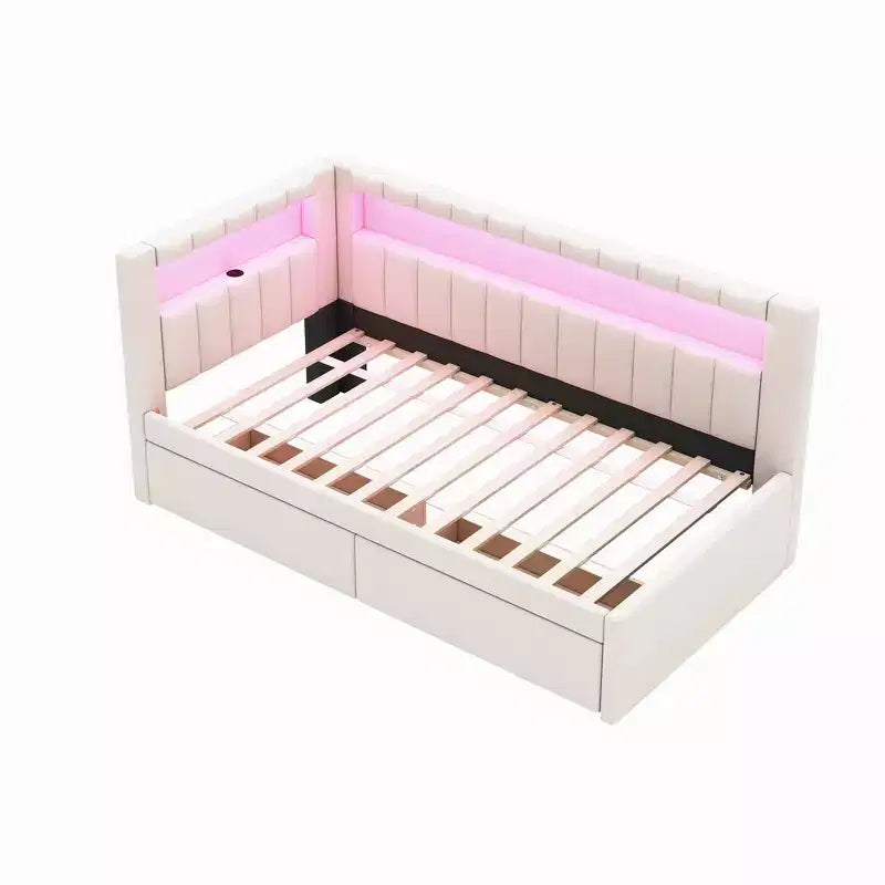 Upholstered Twin Size Daybed with 2 Drawers, Day Bed Frame with Storage L-Shaped Headboard USB Ports and LED