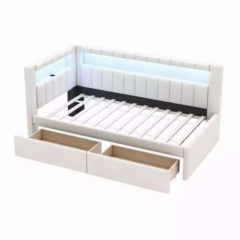 Upholstered Twin Size Daybed with 2 Drawers, Day Bed Frame with Storage L-Shaped Headboard USB Ports and LED