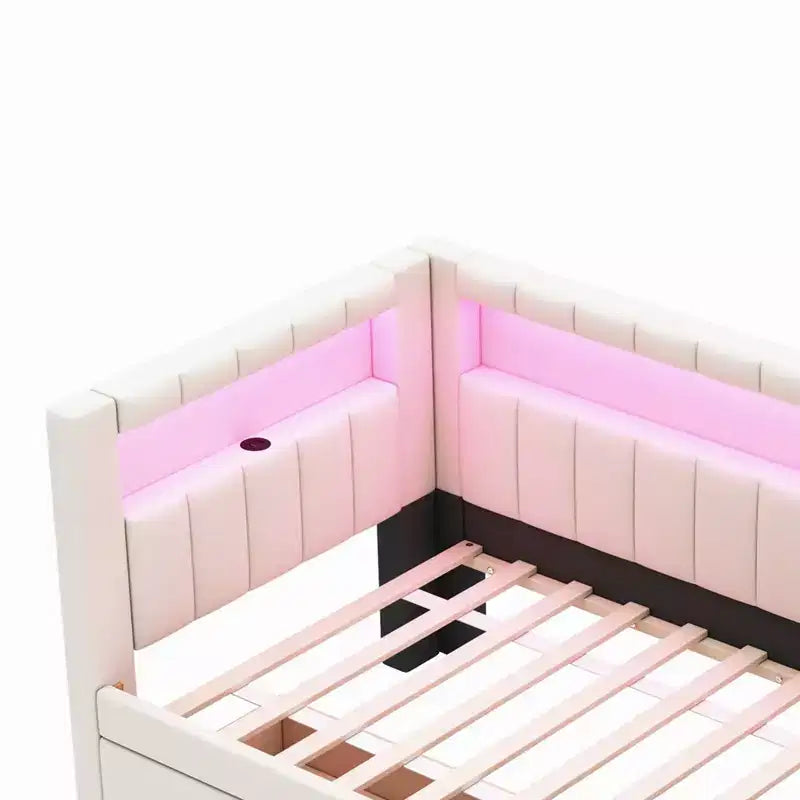 Upholstered Twin Size Daybed with 2 Drawers, Day Bed Frame with Storage L-Shaped Headboard USB Ports and LED