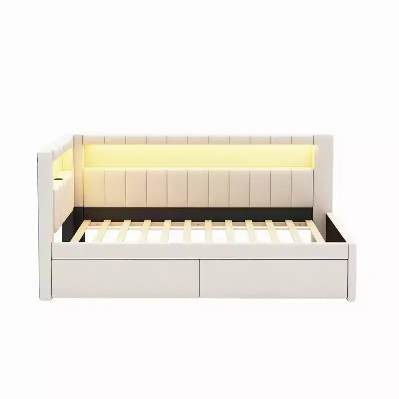Upholstered Twin Size Daybed with 2 Drawers, Day Bed Frame with Storage L-Shaped Headboard USB Ports and LED