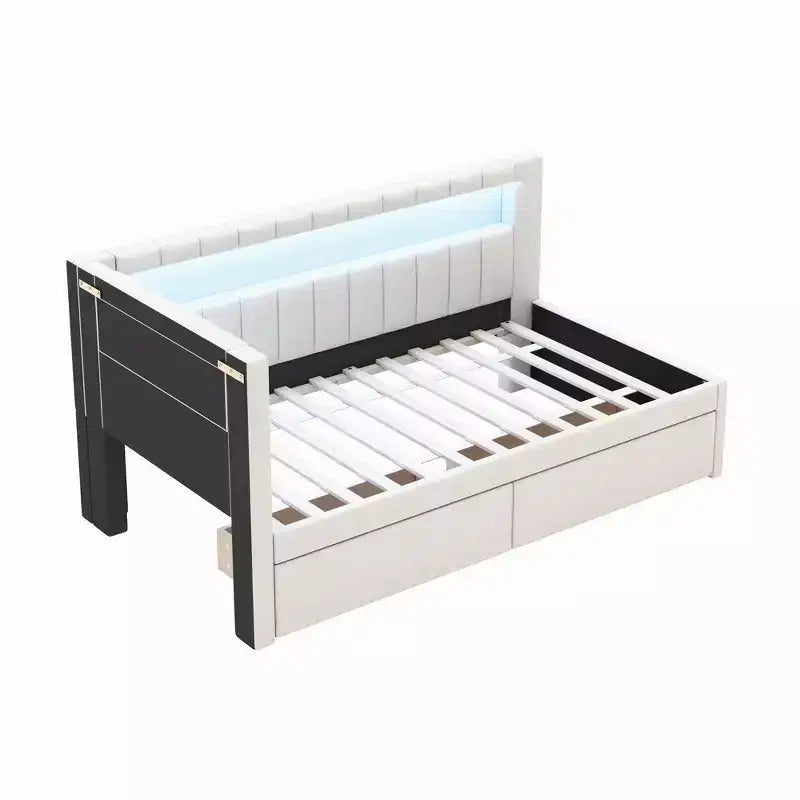 Upholstered Twin Size Daybed with 2 Drawers, Day Bed Frame with Storage L-Shaped Headboard USB Ports and LED