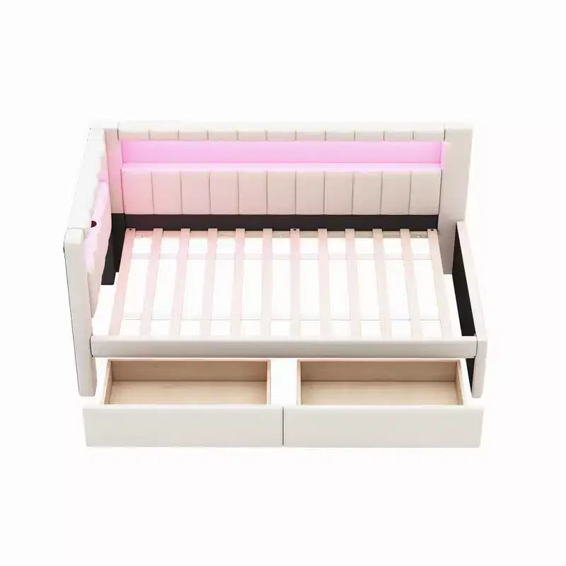 Upholstered Twin Size Daybed with 2 Drawers, Day Bed Frame with Storage L-Shaped Headboard USB Ports and LED