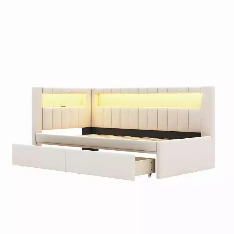 Upholstered Twin Size Daybed with 2 Drawers, Day Bed Frame with Storage L-Shaped Headboard USB Ports and LED