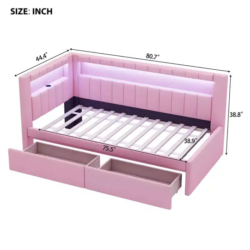 Upholstered Twin Size Daybed with 2 Drawers, Day Bed Frame with Storage L-Shaped Headboard USB Ports and LED