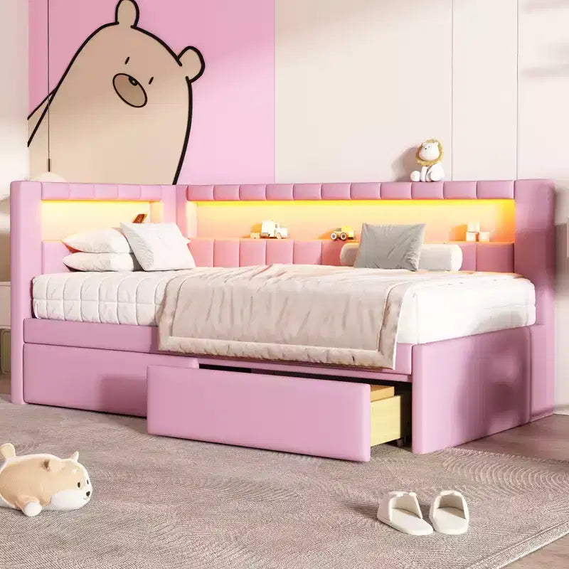 Upholstered Twin Size Daybed with 2 Drawers, Day Bed Frame with Storage L-Shaped Headboard USB Ports and LED