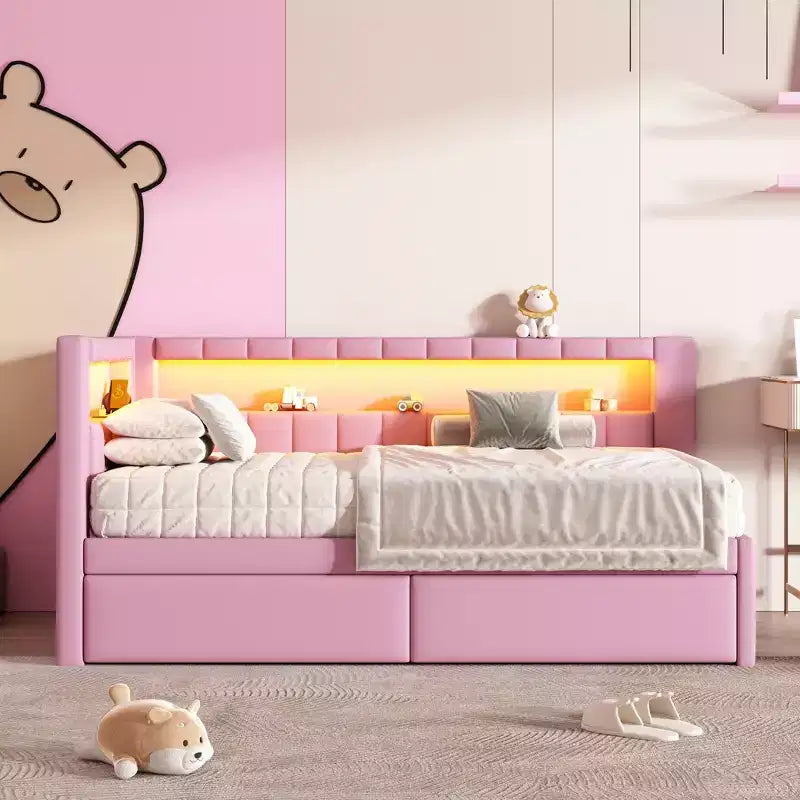 Upholstered Twin Size Daybed with 2 Drawers, Day Bed Frame with Storage L-Shaped Headboard USB Ports and LED