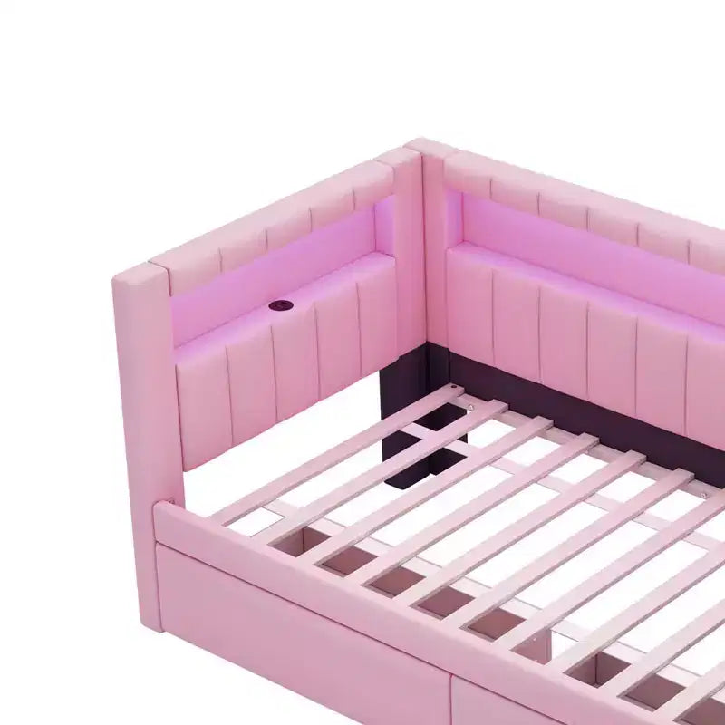 Upholstered Twin Size Daybed with 2 Drawers, Day Bed Frame with Storage L-Shaped Headboard USB Ports and LED