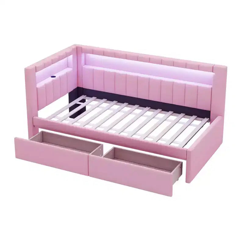 Upholstered Twin Size Daybed with 2 Drawers, Day Bed Frame with Storage L-Shaped Headboard USB Ports and LED