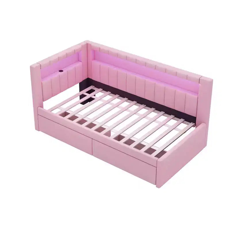 Upholstered Twin Size Daybed with 2 Drawers, Day Bed Frame with Storage L-Shaped Headboard USB Ports and LED