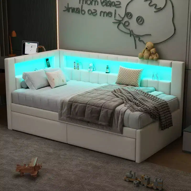 Upholstered Twin Size Daybed with 2 Drawers, Day Bed Frame with Storage L-Shaped Headboard USB Ports and LED