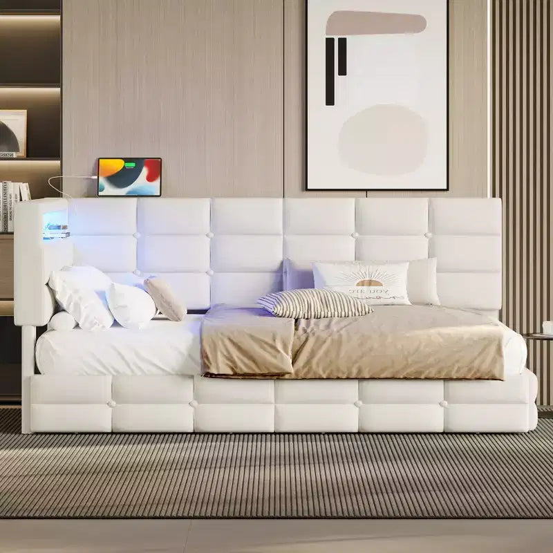 Upholstered Twin Size Daybed with 2 Drawers and Charging Station, L-shaped Corner with LED Lights and Storage Headboard
