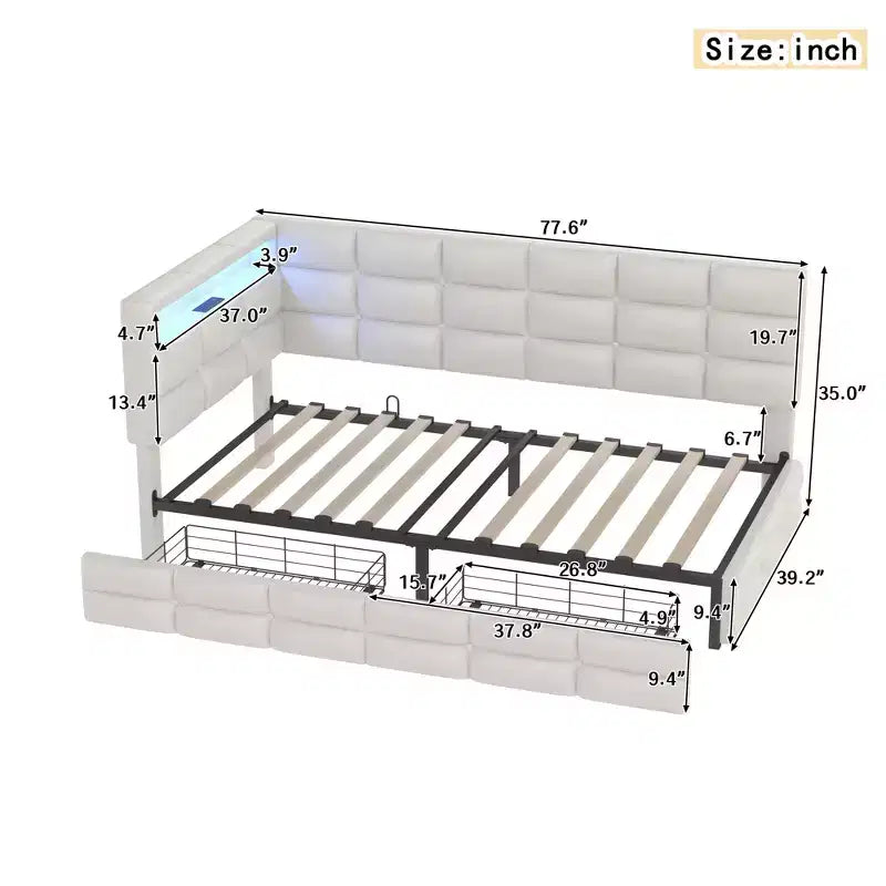 Upholstered Twin Size Daybed with 2 Drawers and Charging Station, L-shaped Corner with LED Lights and Storage Headboard