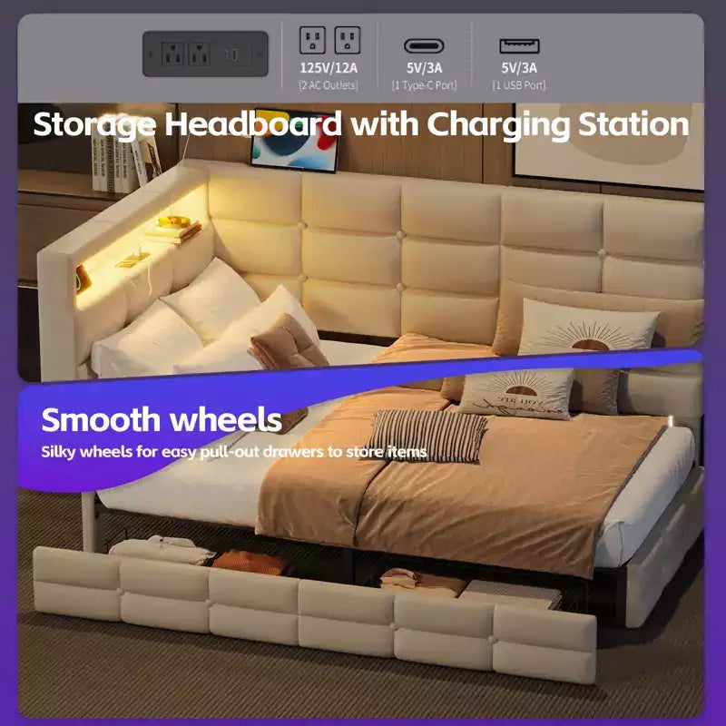 Upholstered Twin Size Daybed with 2 Drawers and Charging Station, L-shaped Corner with LED Lights and Storage Headboard