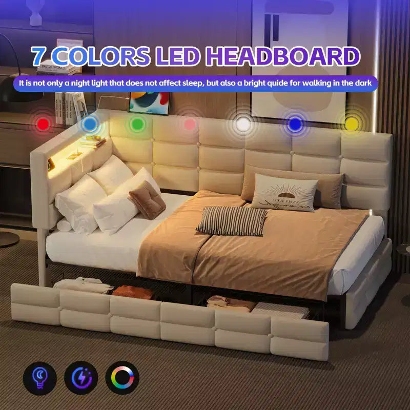 Upholstered Twin Size Daybed with 2 Drawers and Charging Station, L-shaped Corner with LED Lights and Storage Headboard