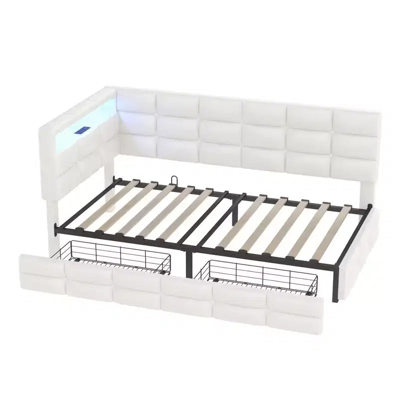 Upholstered Twin Size Daybed with 2 Drawers and Charging Station, L-shaped Corner with LED Lights and Storage Headboard