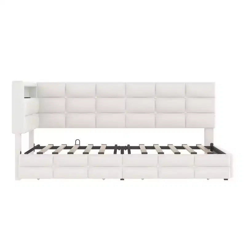 Upholstered Twin Size Daybed with 2 Drawers and Charging Station, L-shaped Corner with LED Lights and Storage Headboard