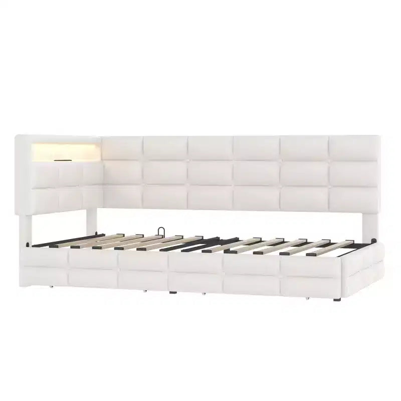 Upholstered Twin Size Daybed with 2 Drawers and Charging Station, L-shaped Corner with LED Lights and Storage Headboard