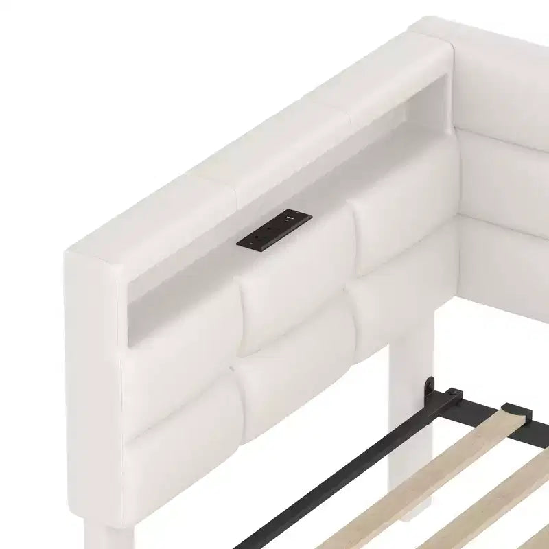Upholstered Twin Size Daybed with 2 Drawers and Charging Station, L-shaped Corner with LED Lights and Storage Headboard