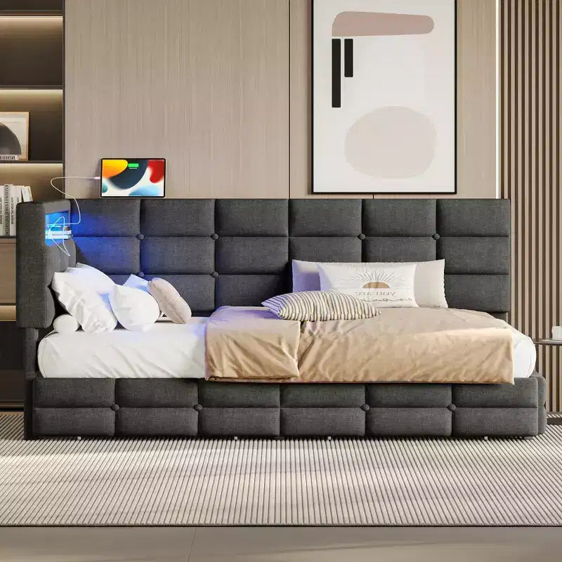 Upholstered Twin Size Daybed with 2 Drawers and Charging Station, L-shaped Corner with LED Lights and Storage Headboard