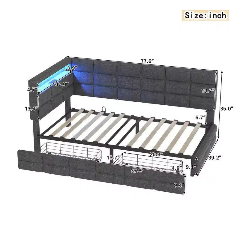 Upholstered Twin Size Daybed with 2 Drawers and Charging Station, L-shaped Corner with LED Lights and Storage Headboard