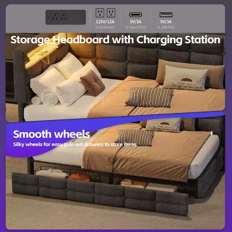 Upholstered Twin Size Daybed with 2 Drawers and Charging Station, L-shaped Corner with LED Lights and Storage Headboard