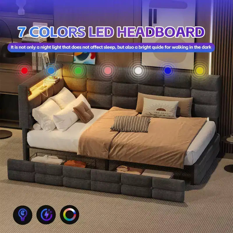 Upholstered Twin Size Daybed with 2 Drawers and Charging Station, L-shaped Corner with LED Lights and Storage Headboard