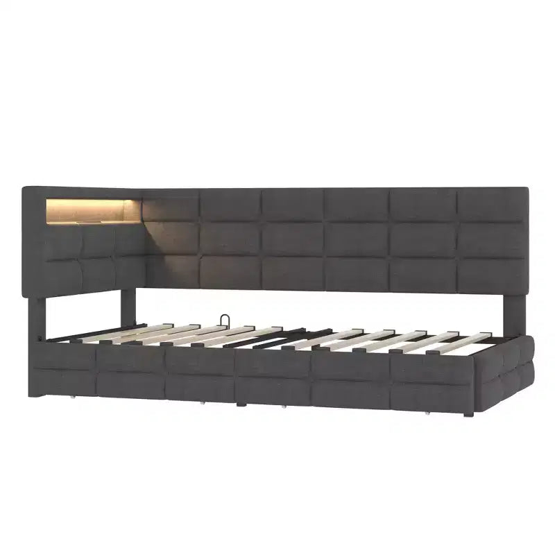 Upholstered Twin Size Daybed with 2 Drawers and Charging Station, L-shaped Corner with LED Lights and Storage Headboard