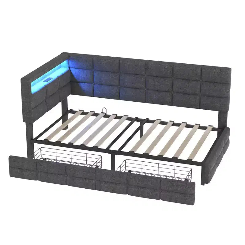 Upholstered Twin Size Daybed with 2 Drawers and Charging Station, L-shaped Corner with LED Lights and Storage Headboard