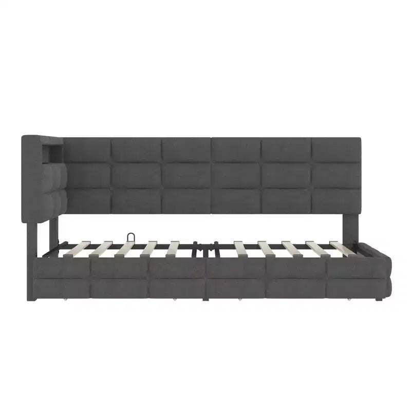 Upholstered Twin Size Daybed with 2 Drawers and Charging Station, L-shaped Corner with LED Lights and Storage Headboard