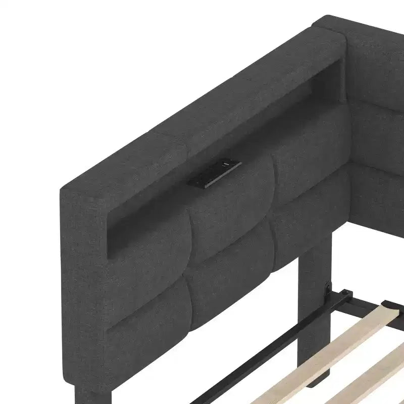 Upholstered Twin Size Daybed with 2 Drawers and Charging Station, L-shaped Corner with LED Lights and Storage Headboard