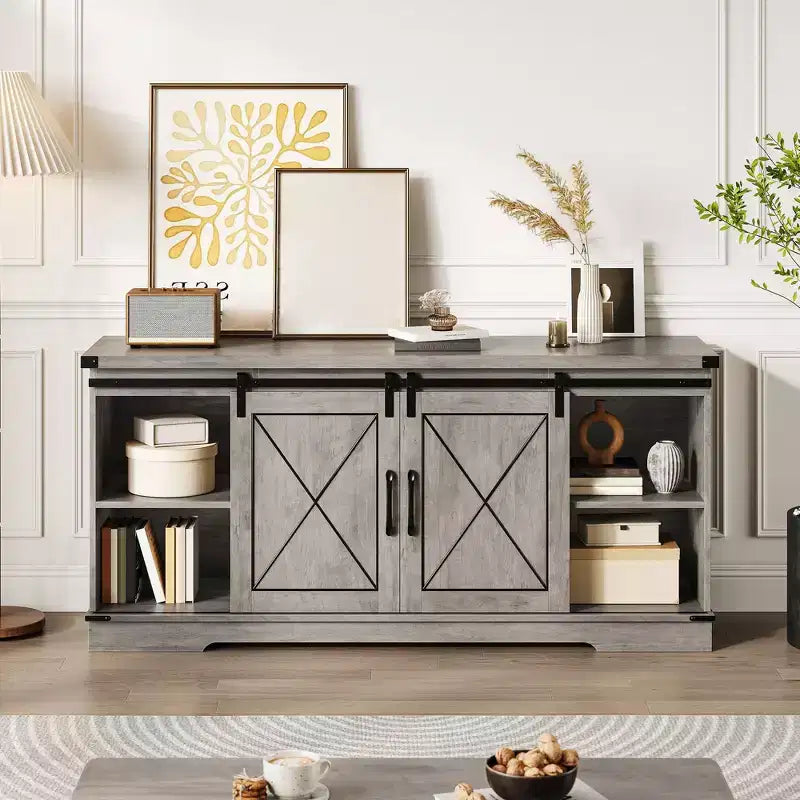 Farmhouse Style 65-Inch TV Stand with Sliding Barn Doors, Entertainment Center & Media Console for Living Room or Bedroom