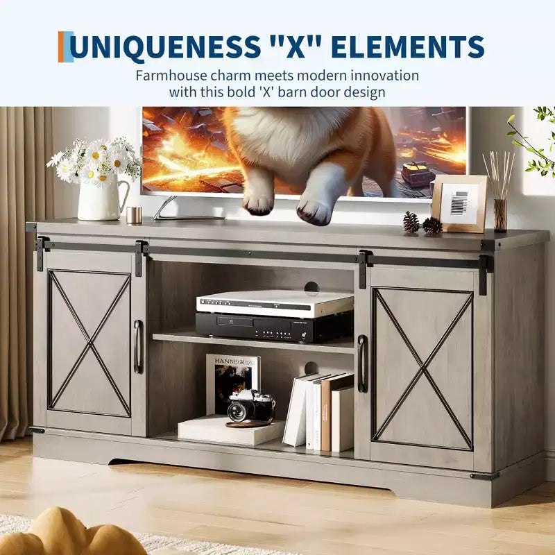Farmhouse Style 65-Inch TV Stand with Sliding Barn Doors, Entertainment Center & Media Console for Living Room or Bedroom