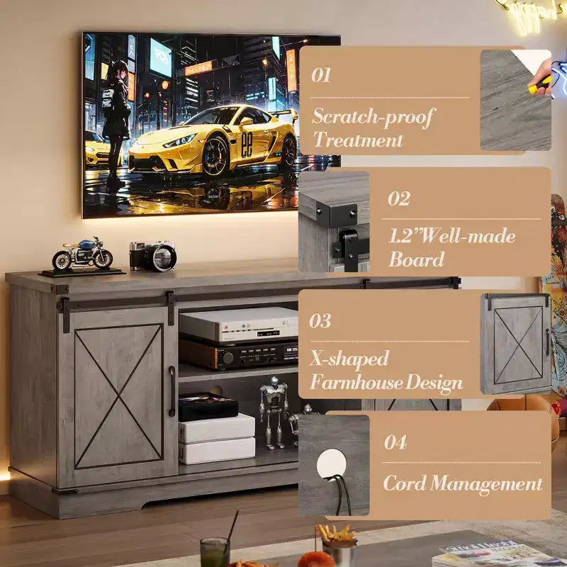 Farmhouse Style 65-Inch TV Stand with Sliding Barn Doors, Entertainment Center & Media Console for Living Room or Bedroom