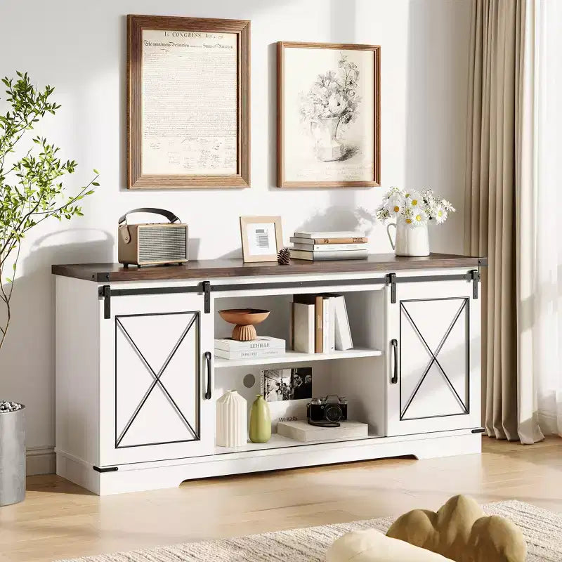 Farmhouse Style 65-Inch TV Stand with Sliding Barn Doors, Entertainment Center & Media Console for Living Room or Bedroom